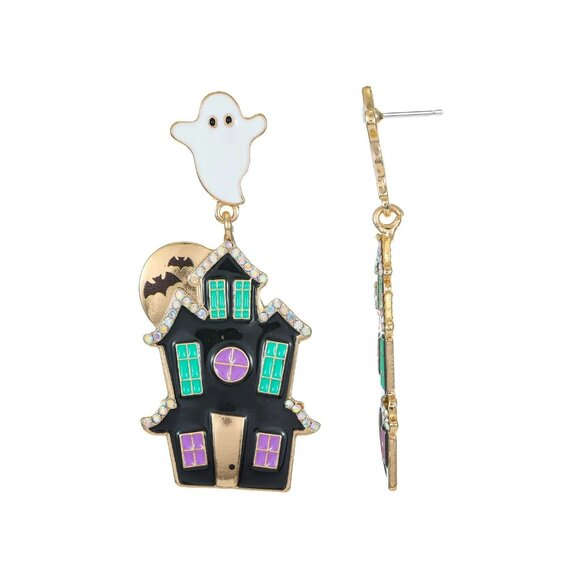 Halloween Haunted House Ghost Earrings Goldtone Glow In The Dark - Picture 4 of 7